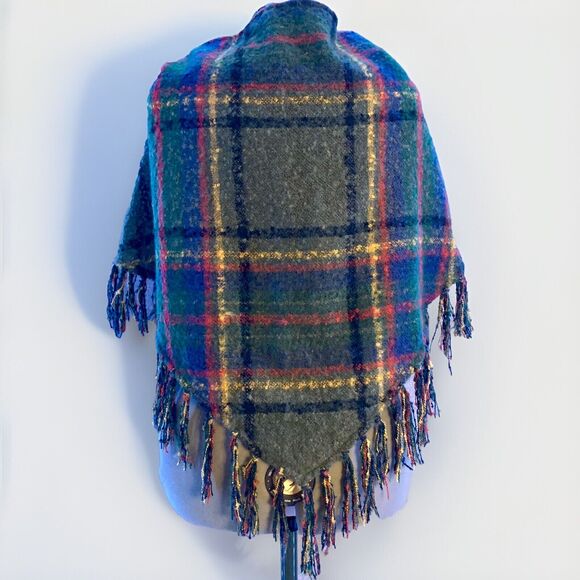 Free People Fall Winter Scarf, Green Blue Plaid Tartan, Boho Shawl With Fringe - Picture 5 of 11